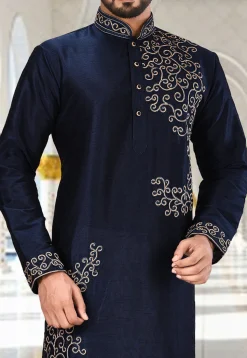 Embroidered Dupion Silk Kurta Set in Dark Navy Blue and White