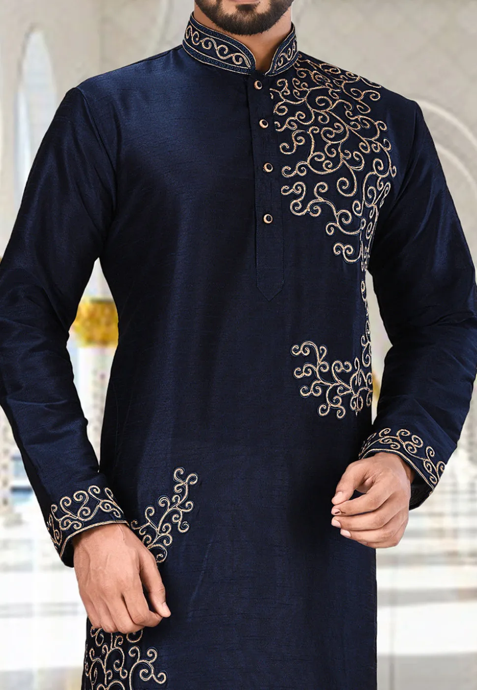 Embroidered Dupion Silk Kurta Set in Dark Navy Blue and White