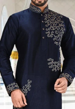 Embroidered Dupion Silk Kurta in Dark Navy Blue