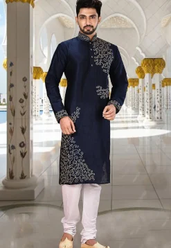 Embroidered Dupion Silk Kurta in Dark Navy Blue