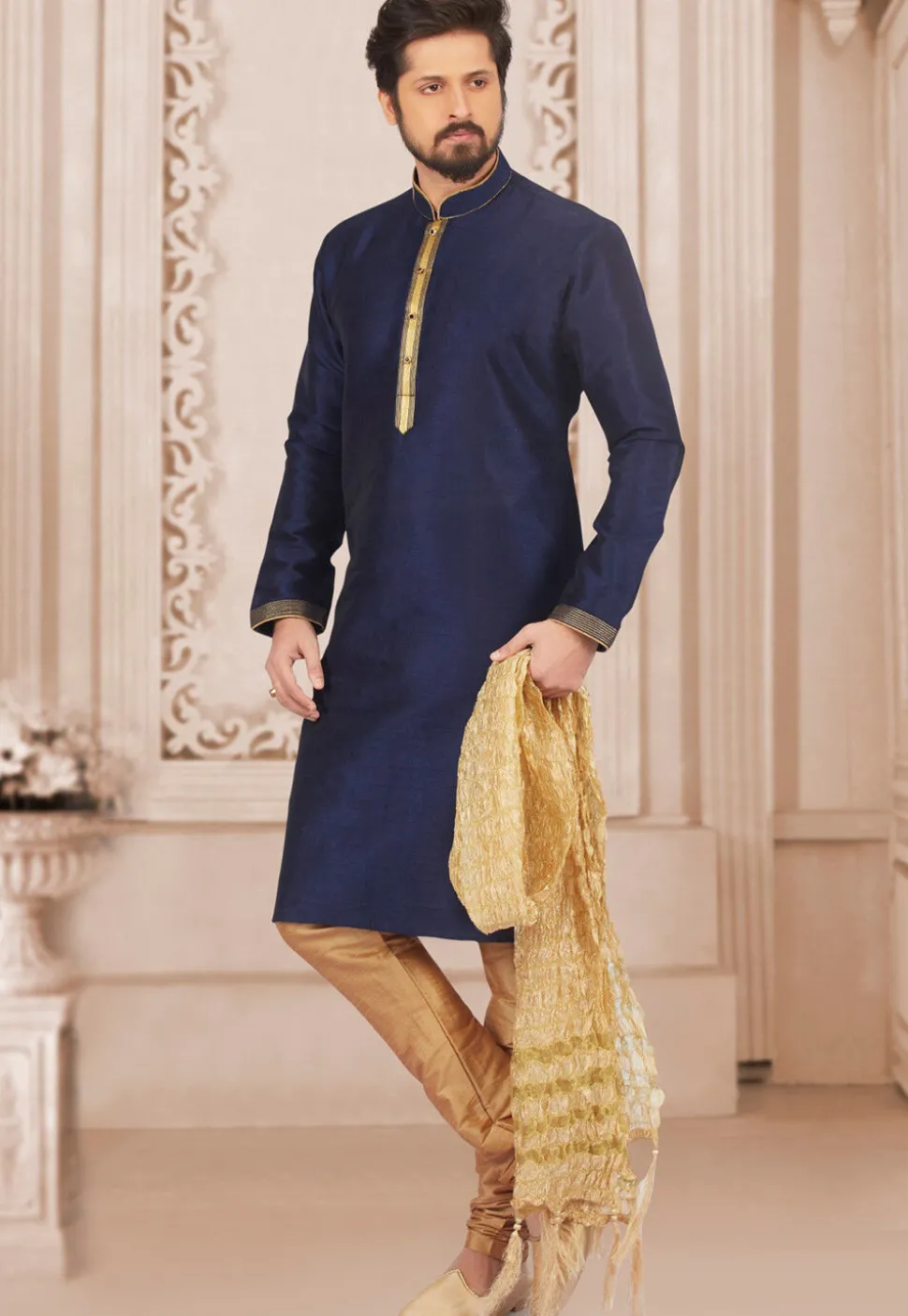 Embroidered Dupion Silk Kurta Set in Navy Blue