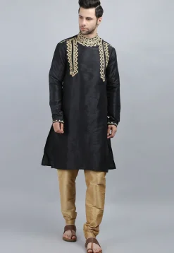 Embroidered Dupion Silk Kurta Set in Black