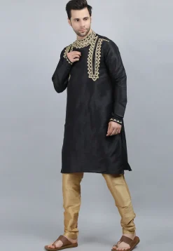 Embroidered Dupion Silk Kurta Set in Black