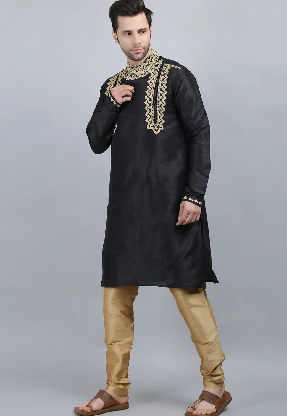Embroidered Dupion Silk Kurta Set in Black