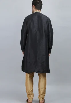 Embroidered Dupion Silk Kurta Set in Black