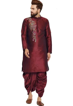 Embroidered Dupion Silk Kurta Set in Maroon