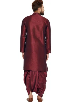 Embroidered Dupion Silk Kurta Set in Maroon