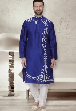 Embroidered Dupion Silk Kurta Set in Royal Blue