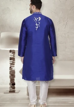 Embroidered Dupion Silk Kurta Set in Royal Blue