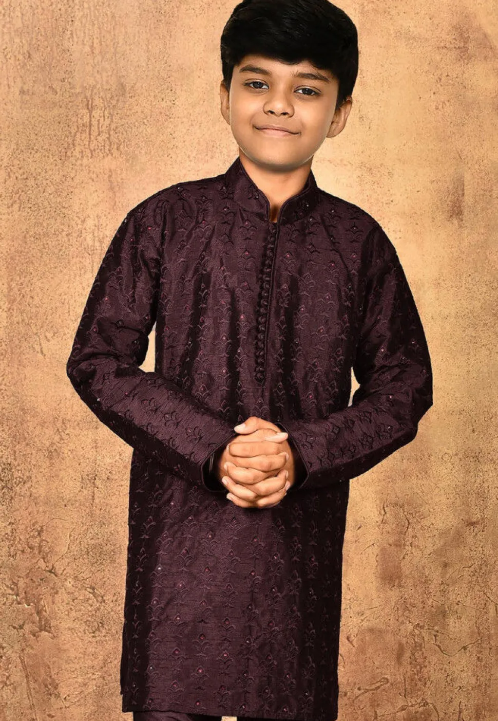 Embroidered Dupion Silk Kurta in Wine