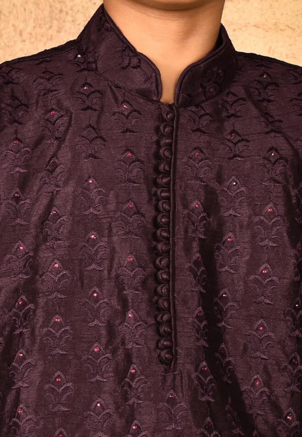 Embroidered Dupion Silk Kurta in Wine