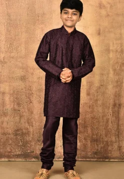 Embroidered Dupion Silk Kurta in Wine