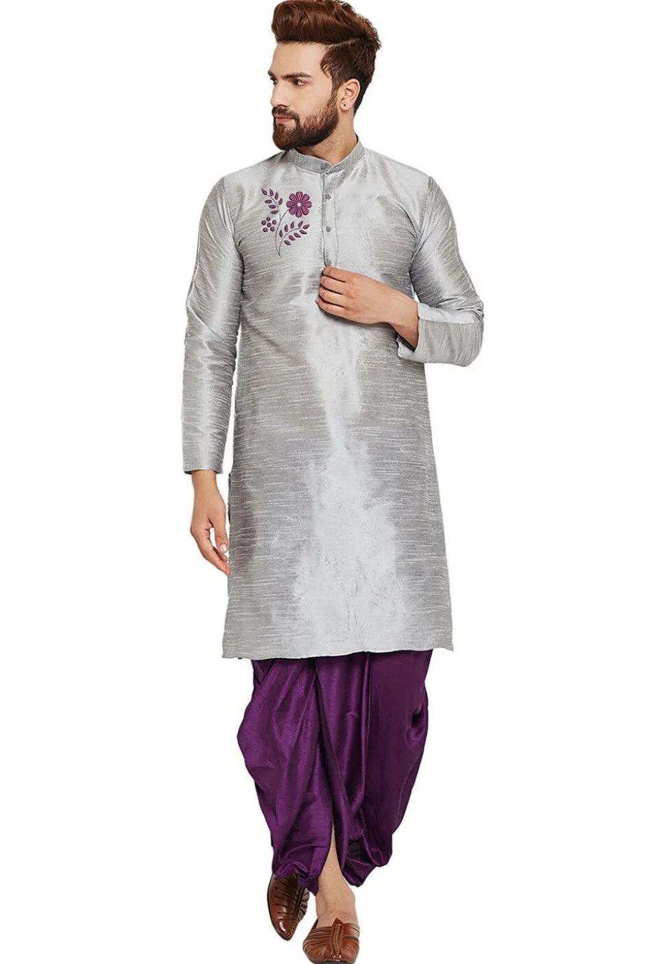 Embroidered Dupion Silk Kurta Set in Light Grey