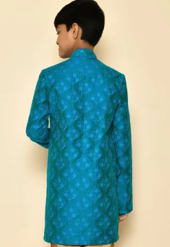 Embroidered Dupion Silk Kurta in Teal Blue