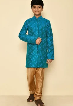 Embroidered Dupion Silk Kurta in Teal Blue