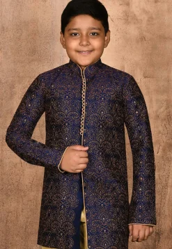Embroidered Dupion Silk Kurta in Navy Blue