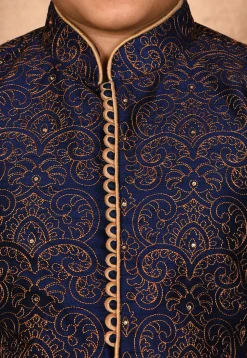 Embroidered Dupion Silk Kurta in Navy Blue