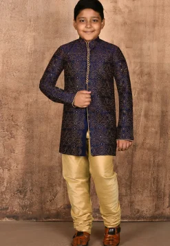 Embroidered Dupion Silk Kurta in Navy Blue