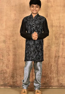 Embroidered Dupion Silk Kurta Set in Black