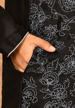 Embroidered Dupion Silk Kurta Set in Black