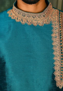 Embroidered Dupion Silk Kurta in Teal Blue