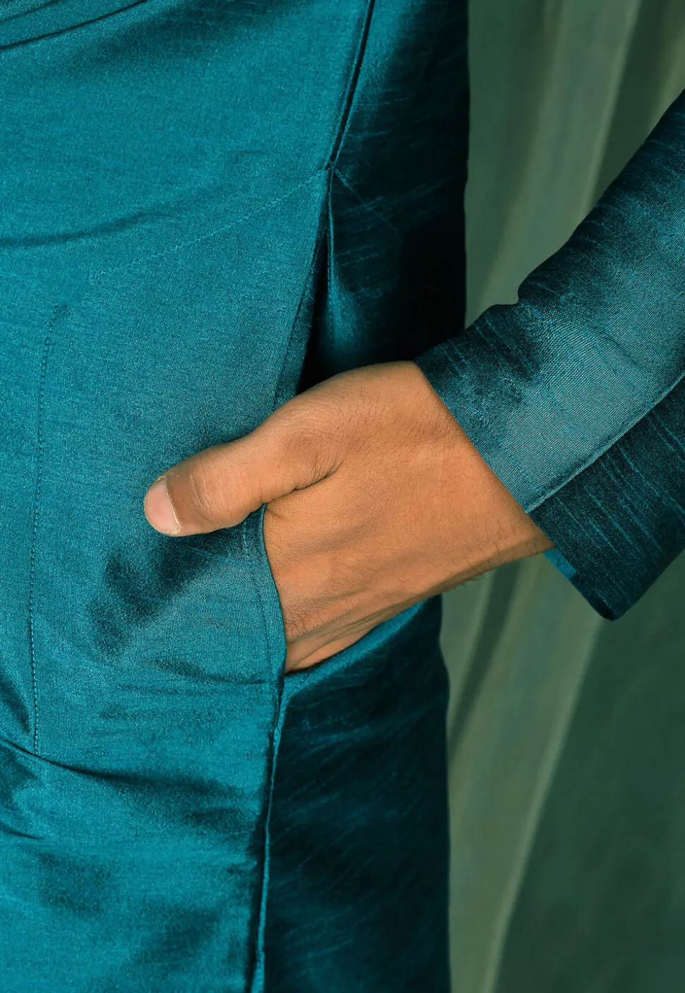 Embroidered Dupion Silk Kurta in Teal Blue