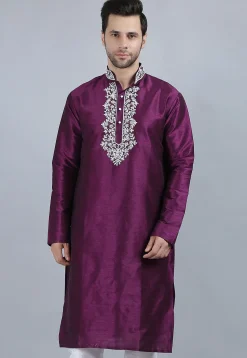 Embroidered Dupion Silk Kurta in Violet