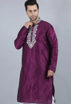 Embroidered Dupion Silk Kurta in Violet