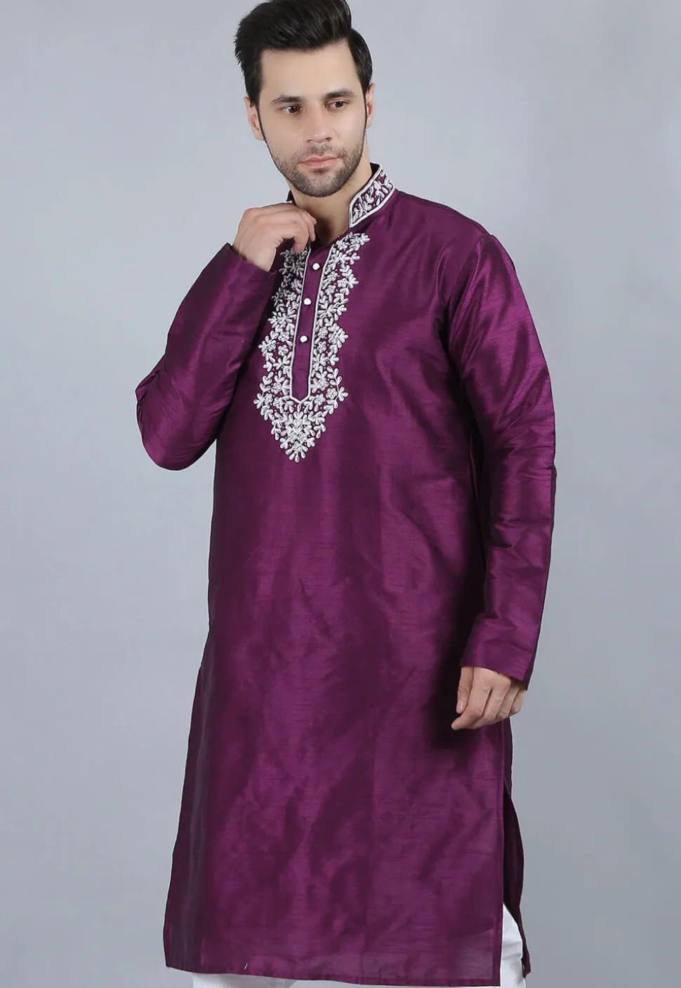 Embroidered Dupion Silk Kurta in Violet