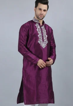 Embroidered Dupion Silk Kurta in Violet
