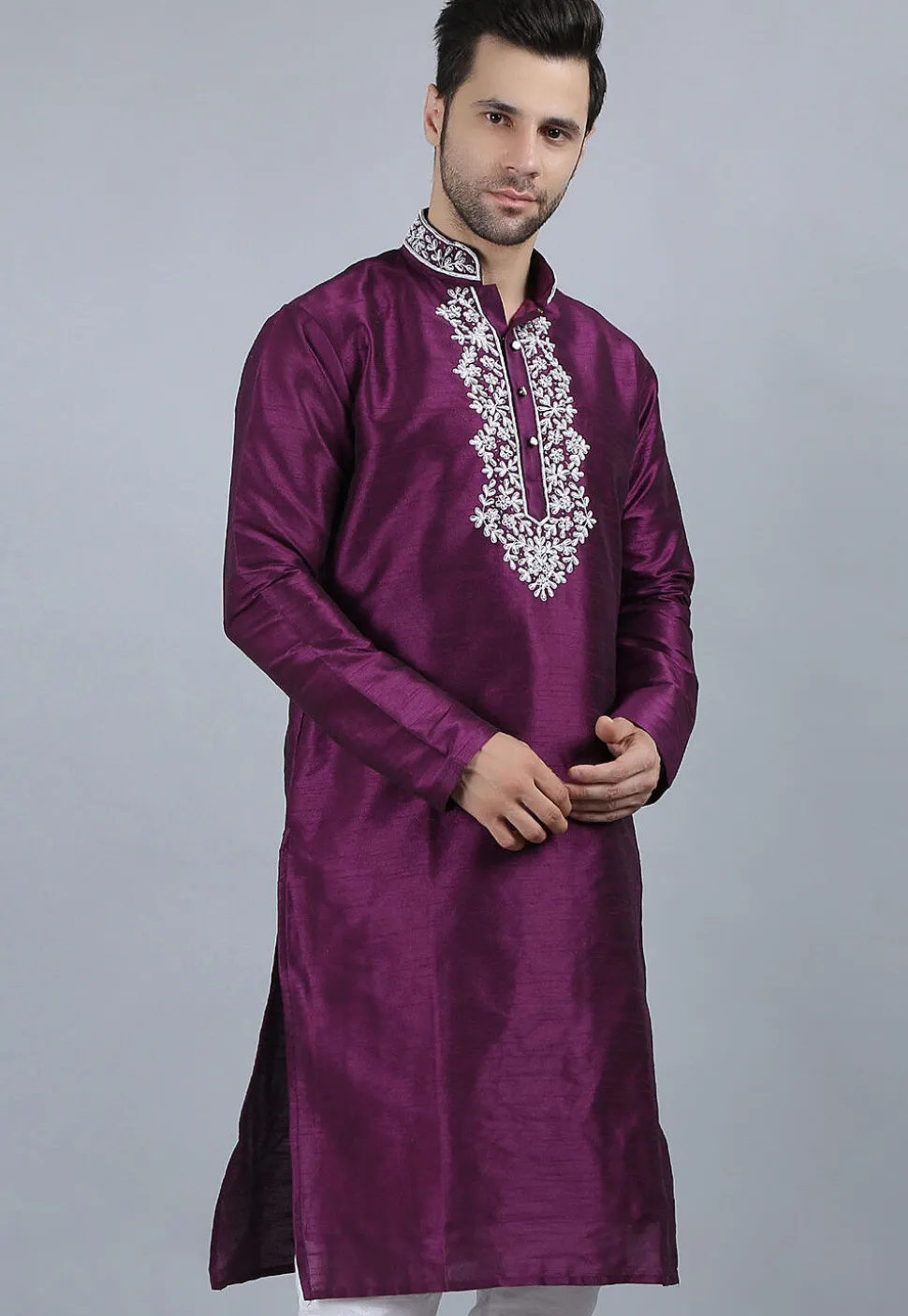 Embroidered Dupion Silk Kurta in Violet