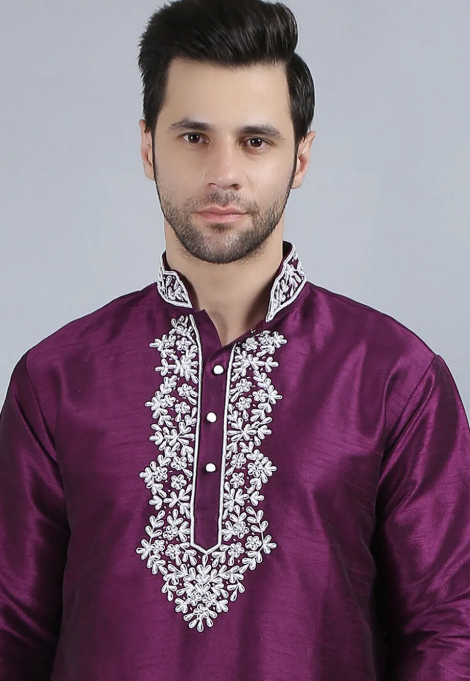 Embroidered Dupion Silk Kurta in Violet
