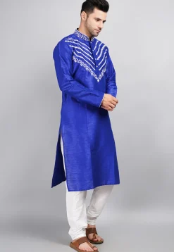 Embroidered Dupion Silk Kurta Set in Royal Blue