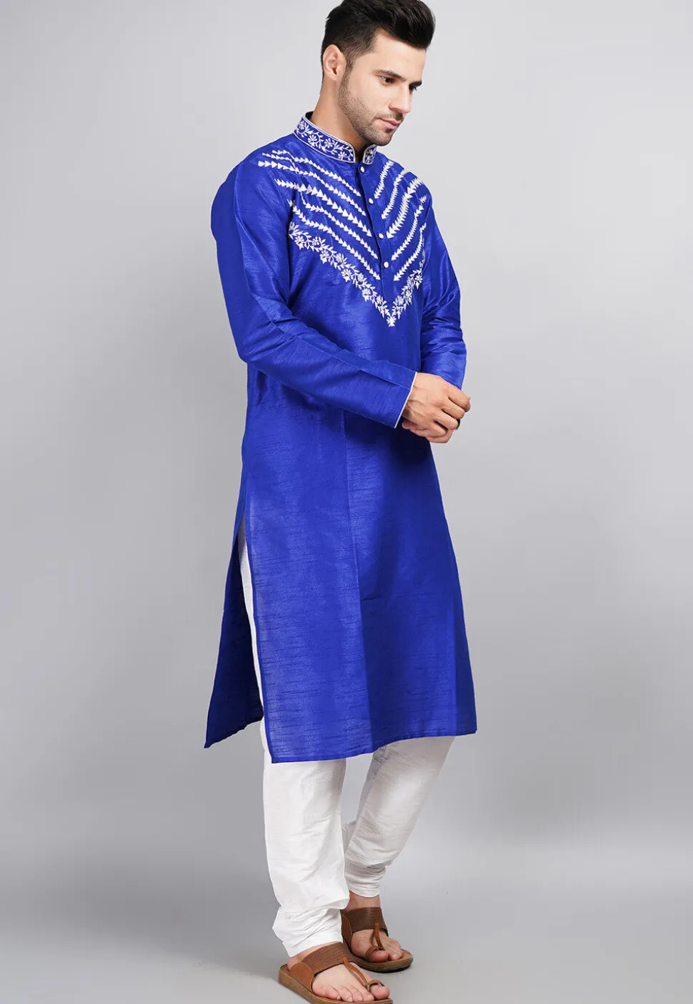 Embroidered Dupion Silk Kurta Set in Royal Blue