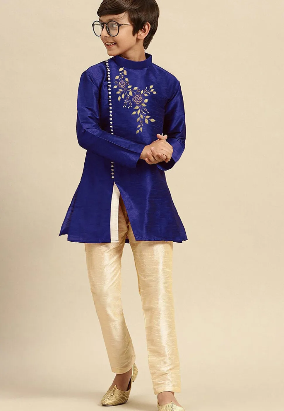 Embroidered Dupion Silk Kurta in Royal Blue