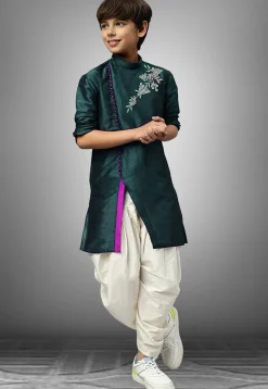 Embroidered Dupion Silk Kurta Set in Dark Teal Green