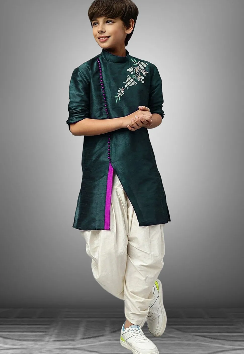 Embroidered Dupion Silk Kurta Set in Dark Teal Green