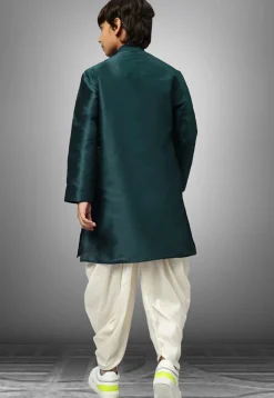 Embroidered Dupion Silk Kurta Set in Dark Teal Green