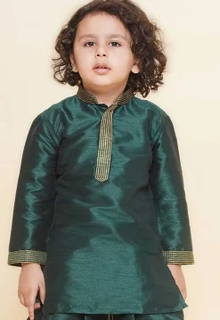 Embroidered Dupion Silk Kurta in Dark Green