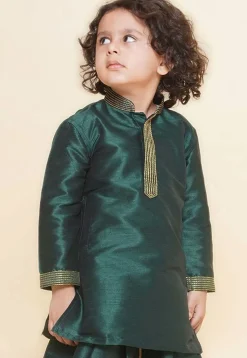 Embroidered Dupion Silk Kurta in Dark Green