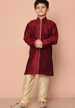 Embroidered Dupion Silk Kurta Set in Maroon