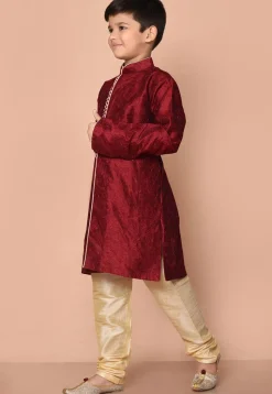 Embroidered Dupion Silk Kurta Set in Maroon