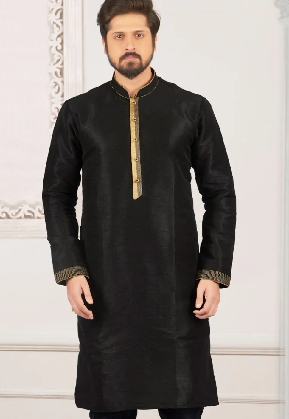 Embroidered Dupion Silk Kurta in Black