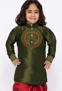 Embroidered Dupion Silk Kurta in Olive Green