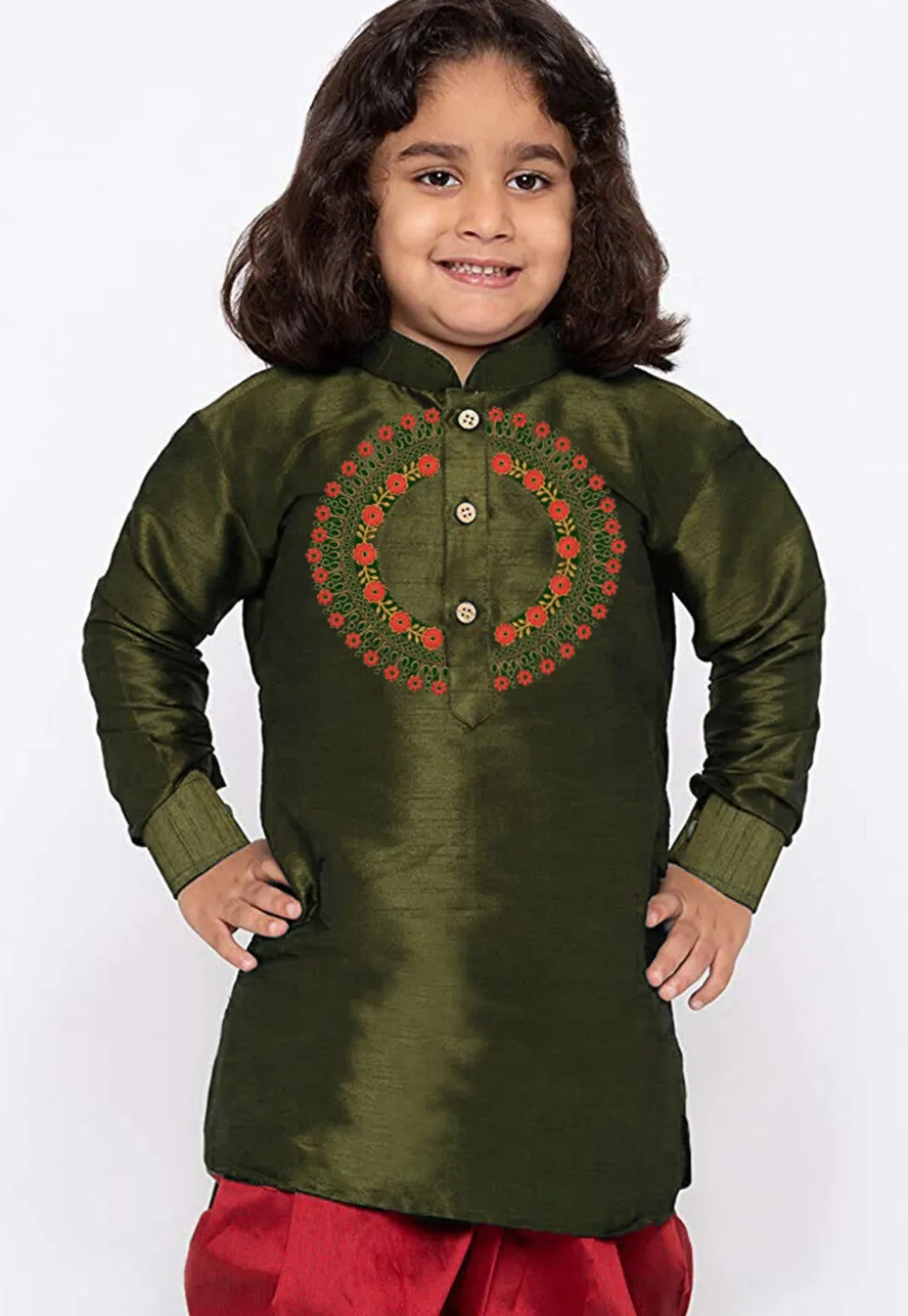 Embroidered Dupion Silk Kurta in Olive Green