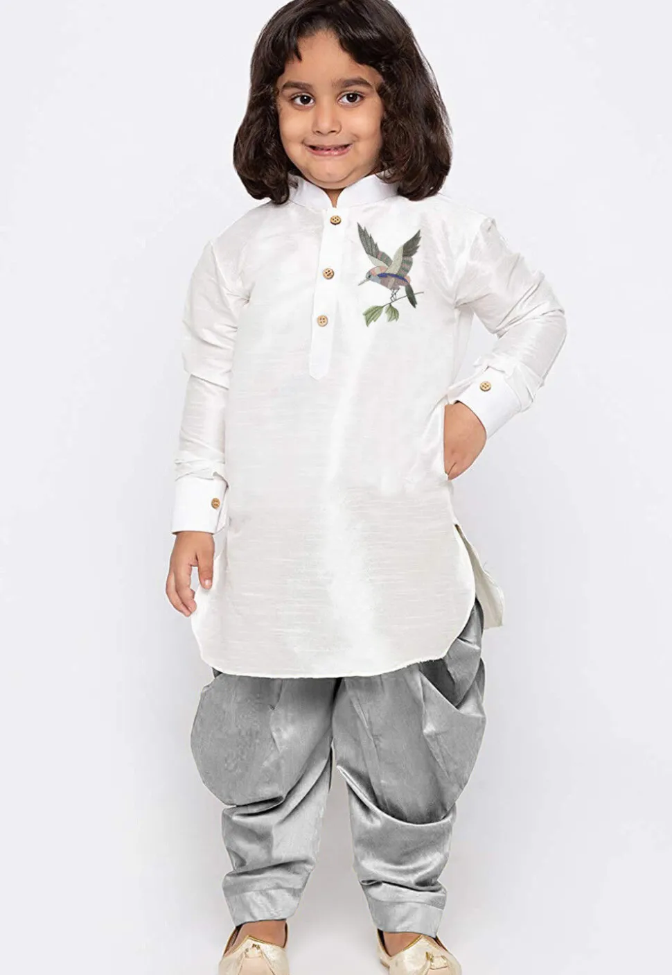 Embroidered Dupion Silk Kurta Set in White