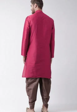 Embroidered Dupion Silk Kurta Set in Magenta