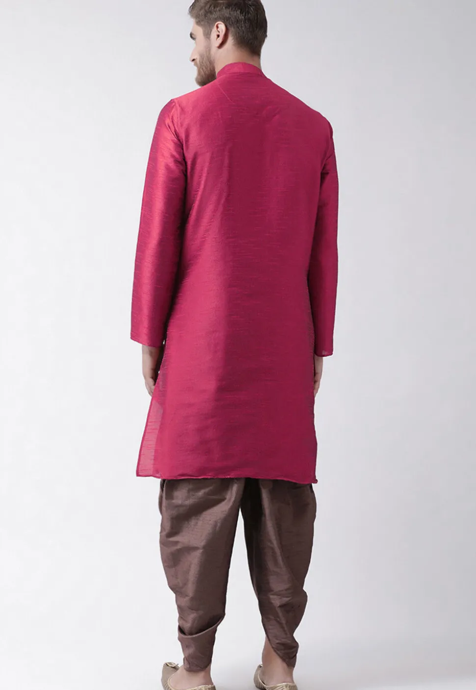 Embroidered Dupion Silk Kurta Set in Magenta