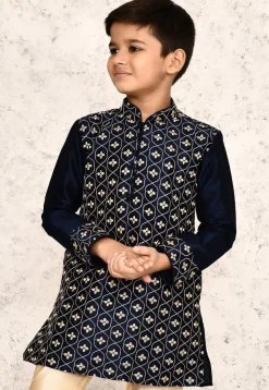 Embroidered Dupion Silk Kurta in Navy Blue