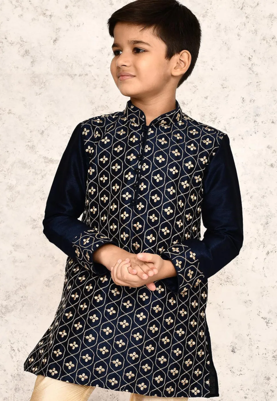Embroidered Dupion Silk Kurta in Navy Blue